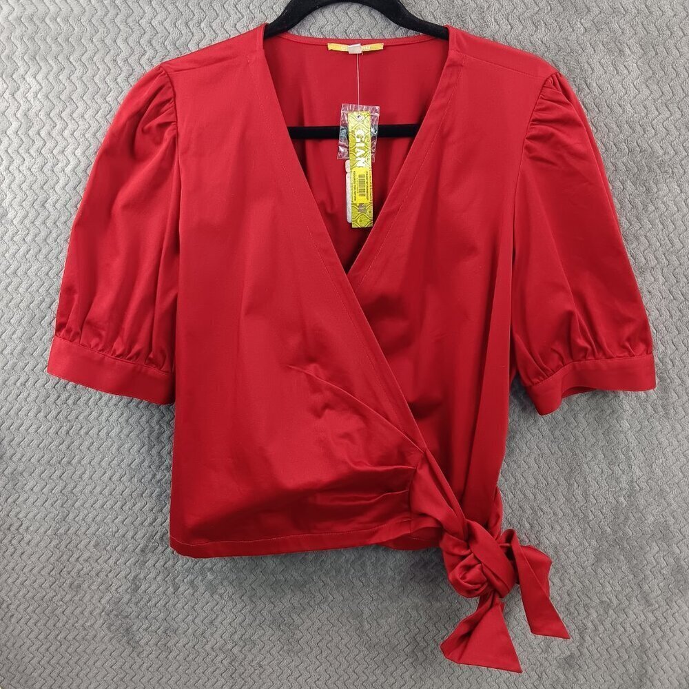 NEW GIANNI BINI Women's Crop Wrap Tie Top Red Size L Puff Sleeve Office Siren
